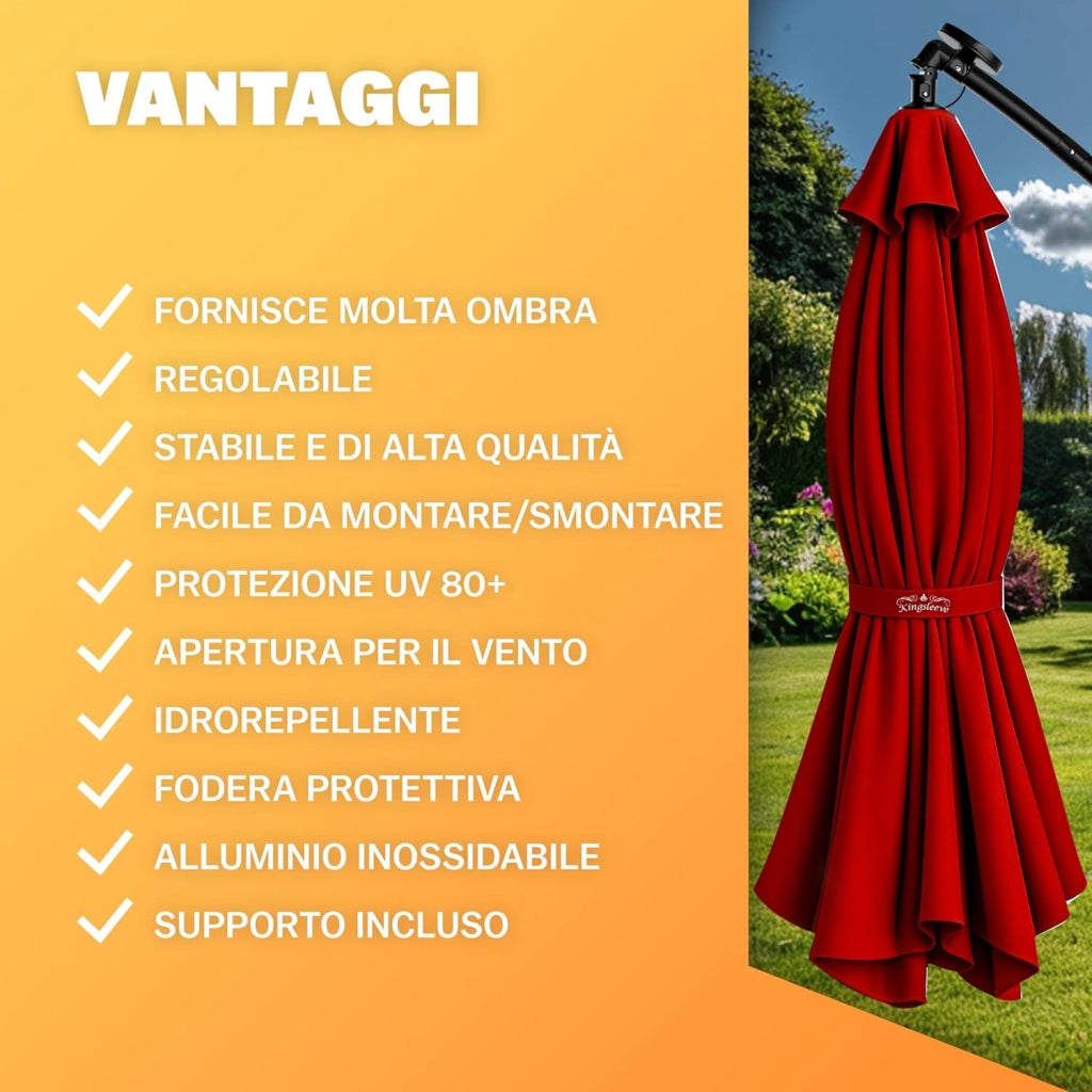 ® Ombrellone da Giardino con LED Ø300cm Parasole Rotondo Decentrato con Manovella Rosso