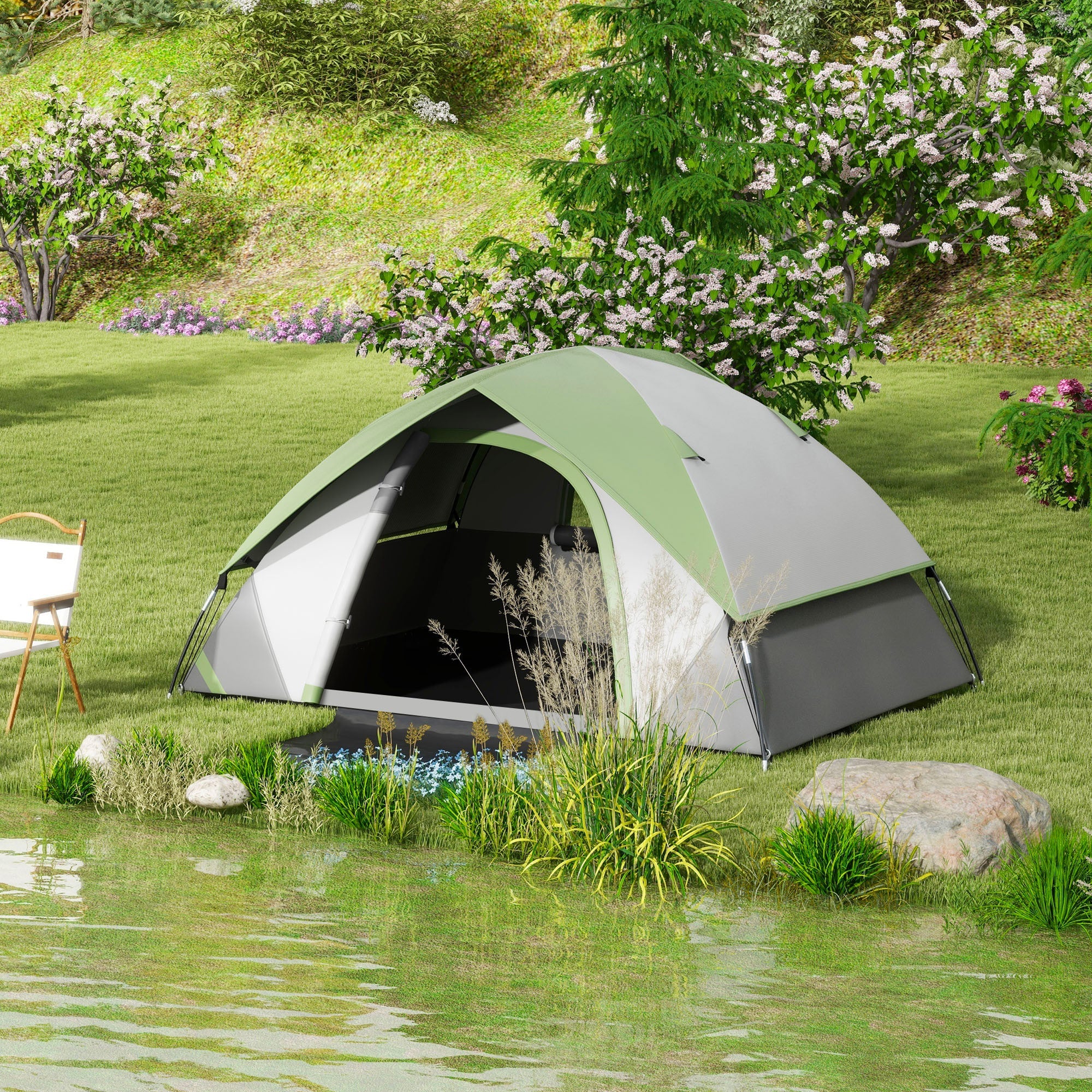 Tenda da Campeggio 2 Posti con Finestra a Rete 210x110x150 cm in Poliestere e Fibra di Vetro Grigio e Verde