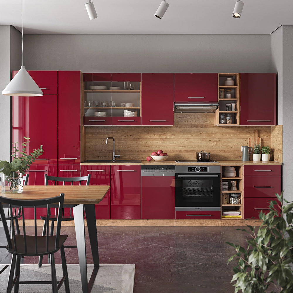 Cucina componibile Fame-Line Bordeaux lucido/Rovere dorato 355 cm, PL Marmo Vicco