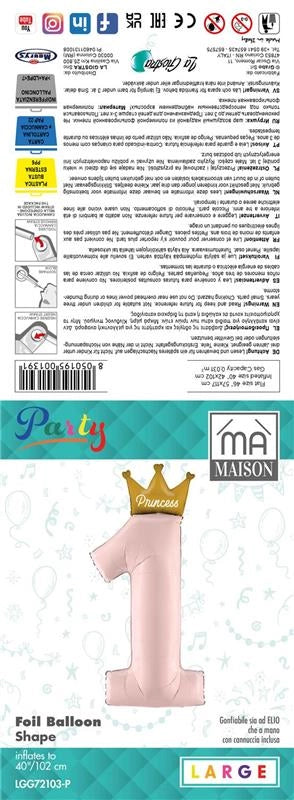 MA MAISON MYLAR "1" COMPLEANNO ROSA CON CORONA DORATA 102X40CM CANNUCCIA INCLUSA