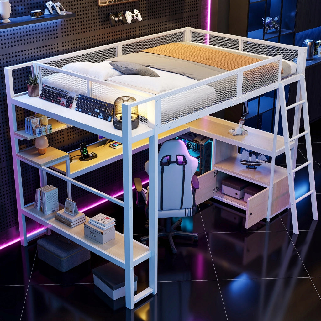 Letto gaming con scrivania - Xylo - 140x200 - Bianco - LED