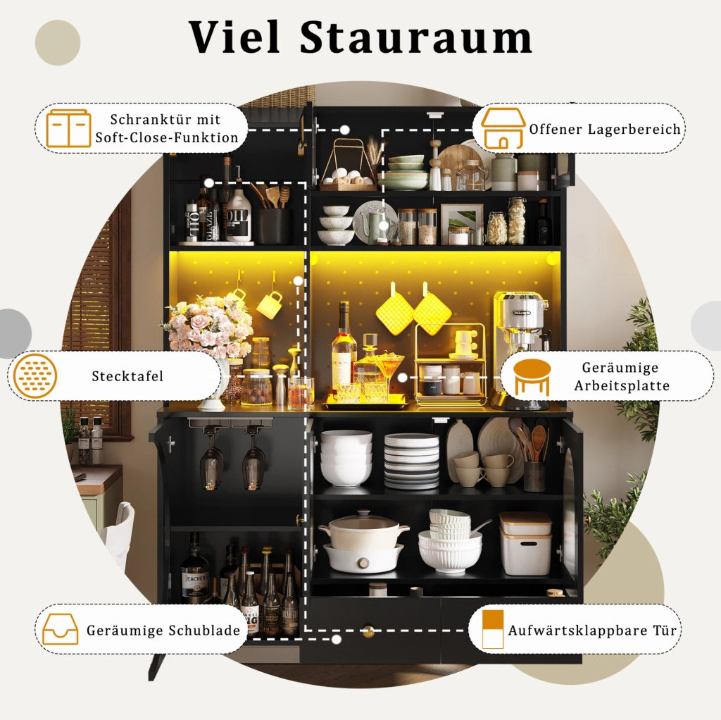 Mobile alto da cucina nero con LED, prese USB e portabottiglie