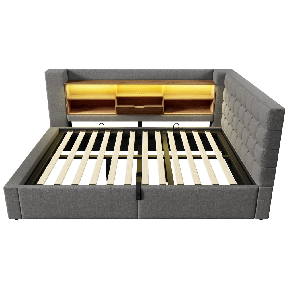 Letto matrimoniale 140x190 cm in tessuto grigio con LED; USB e contenitore idraulico