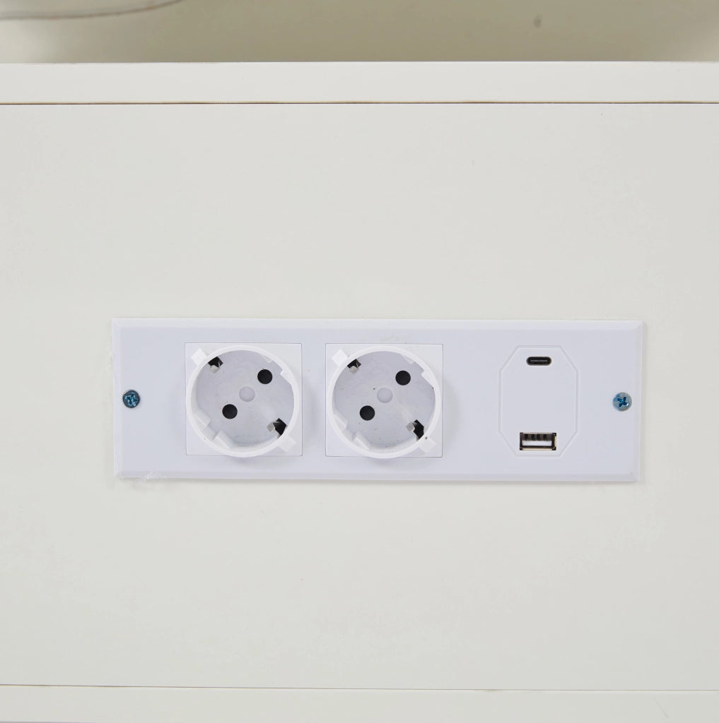 Tavolino da caff猫 100x50x43 cm; luci LED da app e prese USB; 2 armadi e 2 vani; truciolare bianco