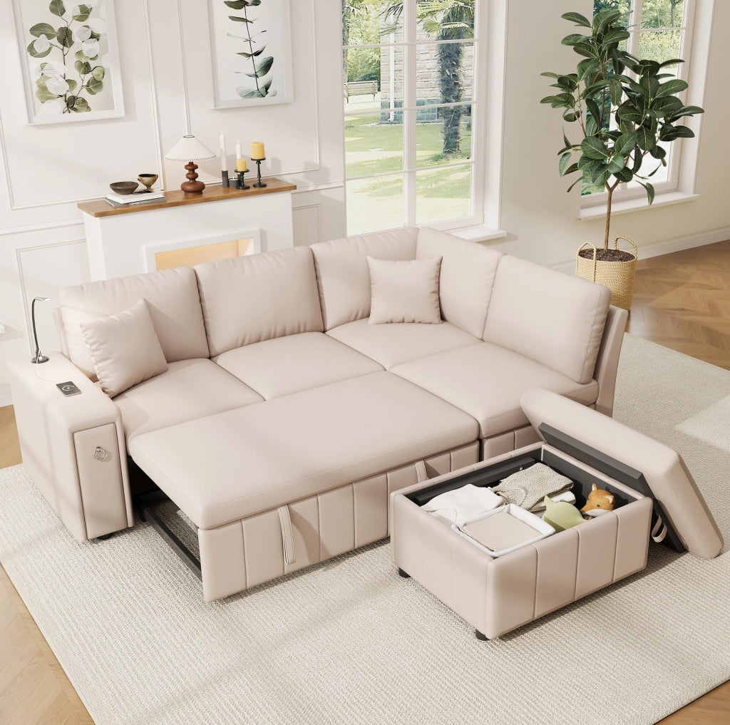 Divano angolare L convertibile con letto; pouf contenitore e lampada LED; 213x184x88 cm; beige in lino