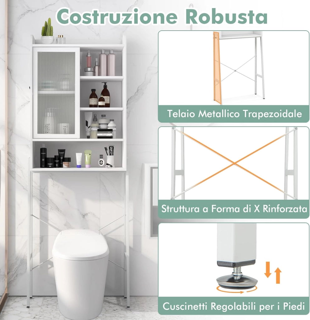 Mobiletto per Bagno, Armadio Sopra WC con Anta Scorrevole e Struttura Metallica, Scaffale Salvaspazio con Ripiani Regolabili per Bagno Lavanderia, 63x29x170 cm (Bianco)