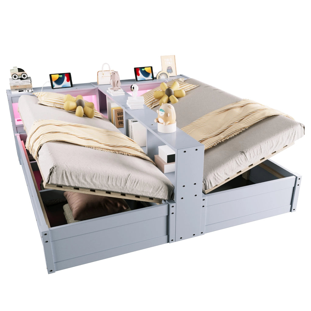 Letto multifunzionale 90/180x200 cm con LED, prese integrate e vani contenitivi