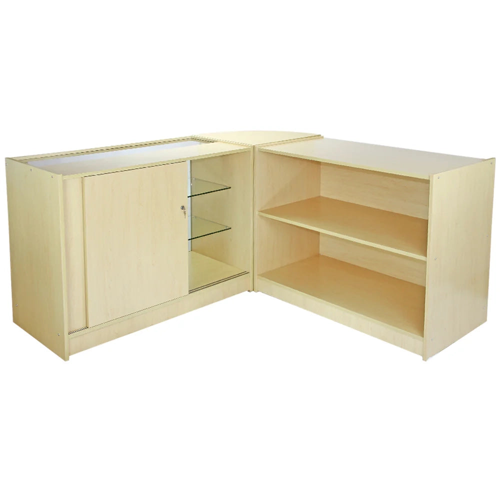 Set Titan con 3 Banconi da Negozio e Reception con Finitura in Acero Laminato
