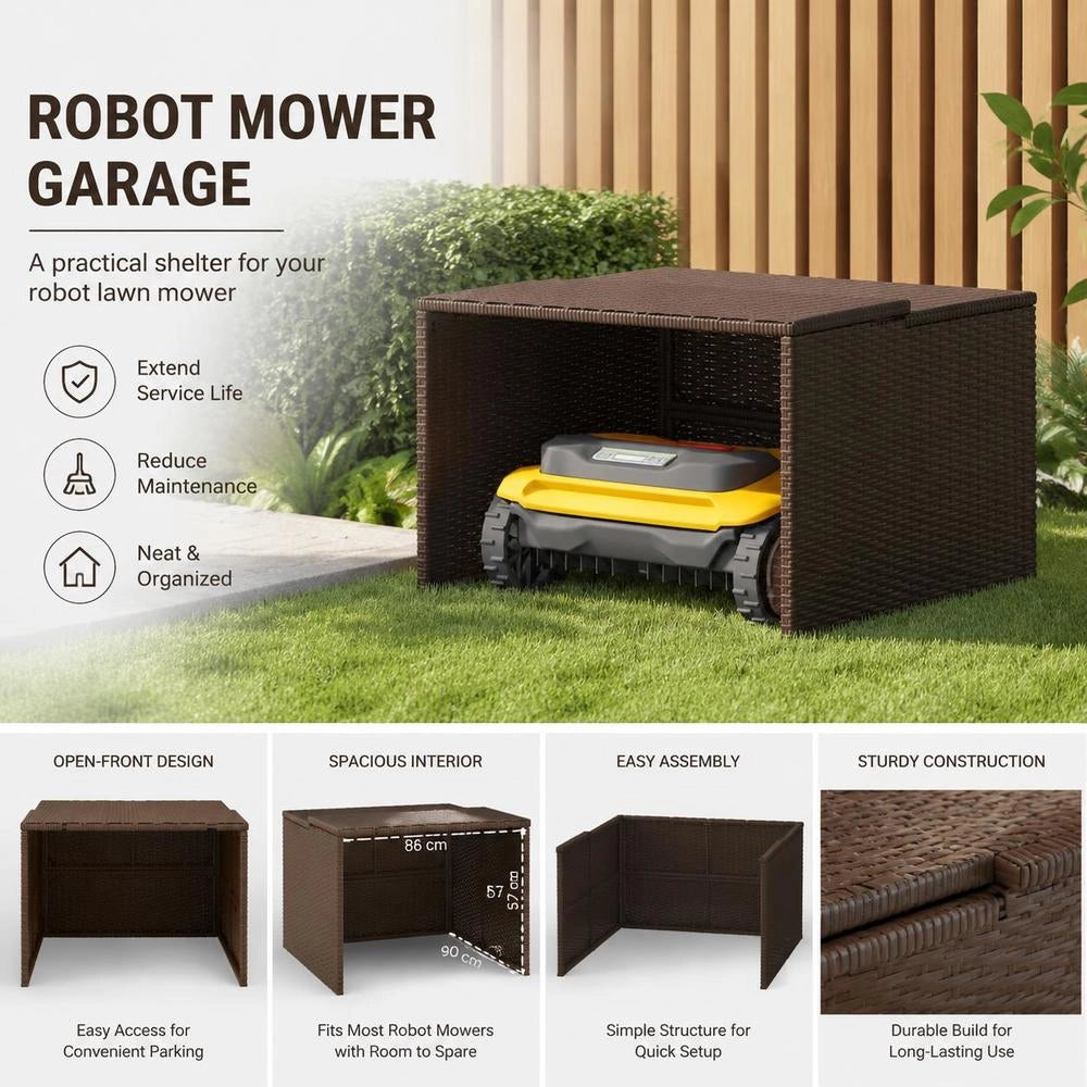 Robotic Lawnmower Garage, Brown, 86x90x52/57 Cm, Poly Rattan