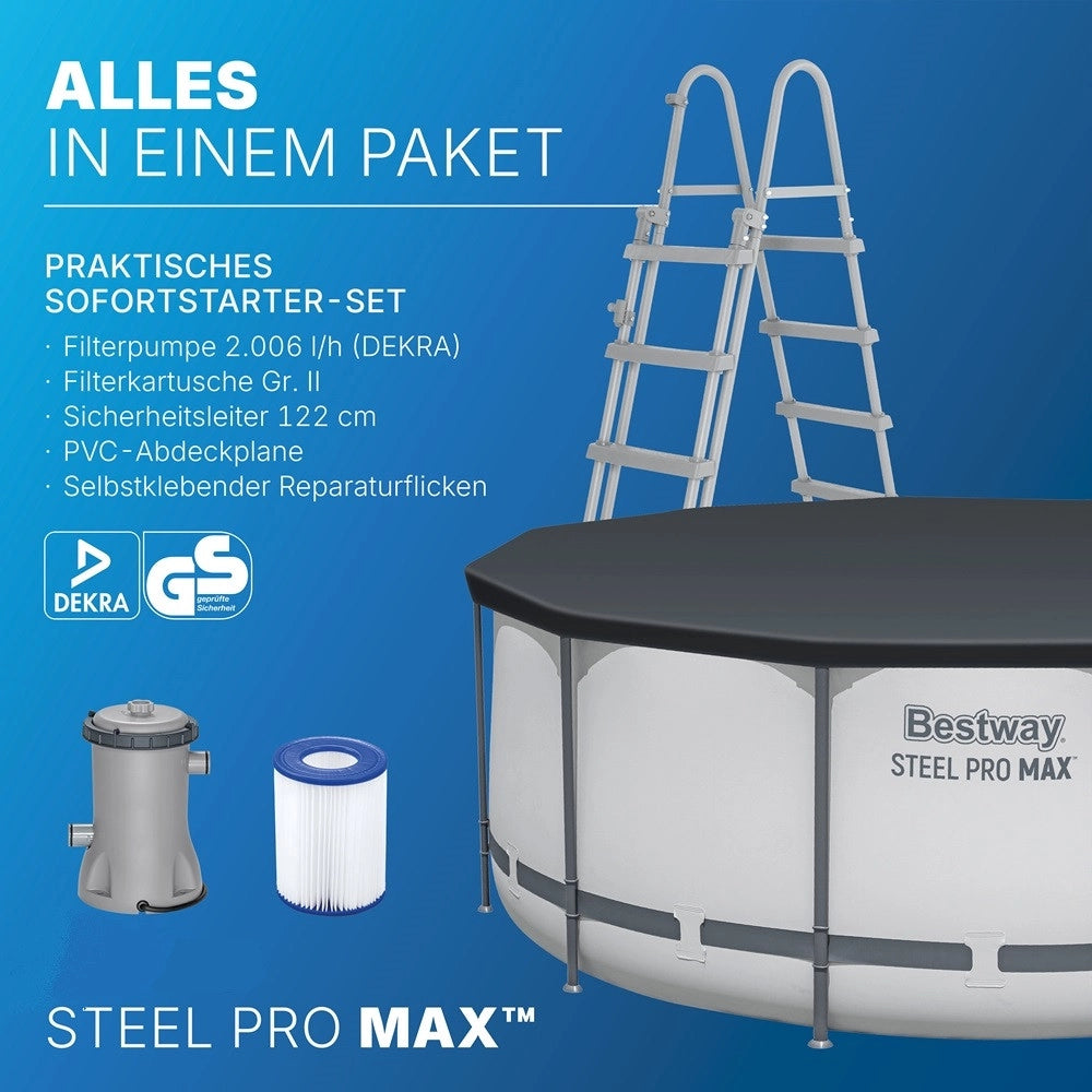 Trade Shop - Piscina Fuori Terra Con Struttura Steel Pro Max Pompa Filtro Scala ø366x122cm Tonda 56420 -