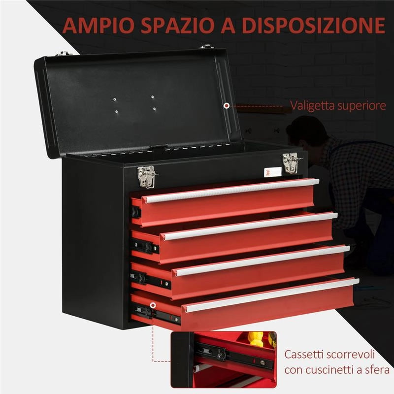 CASSETTA PORTA ATTREZZI IN ACCIAIO CON 4 CASSETTI 51X22X39.5 CM ROSSO E NERO