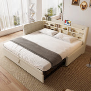 Daybed con letto estraibile, USB-C e scaffali, 90x200/180x200 cm, lino beige