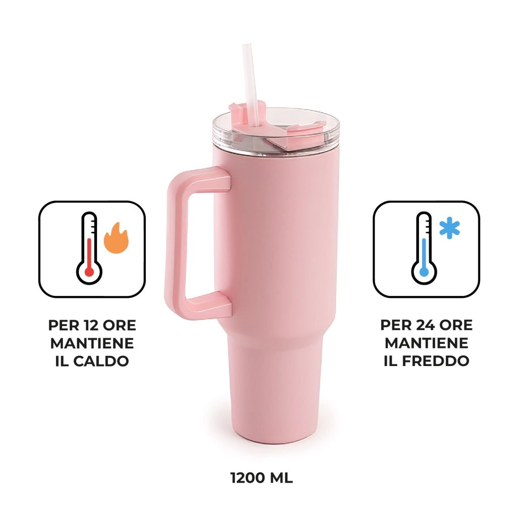 Borraccia Termica Americana 1200 ml in Acciaio Inox Doppio Strato Sottovuoto con Cannuccia e Manico – Smalto Antigraffio, Isolamento Caldo/Freddo, Coperchio Ermetico Rosa