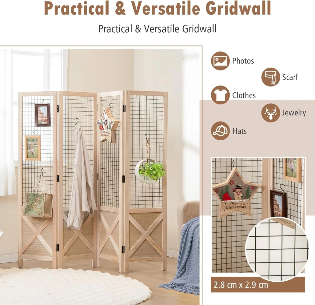Paravento pieghevole a 4 pannelli con griglia, separatore di privacy, 151 x 144 cm, legno di Paulownia naturale, divisorio per camera da letto, soggiorno, non richiede assemblaggio