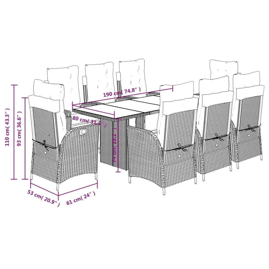 Set da Pranzo da Giardino 9 pz con Cuscini Nero in Polyrattan