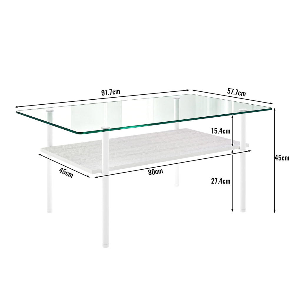 Tavolino da caffè 98x58x45 cm con piano in vetro temperato e ripiano in MDF; metallo bianco