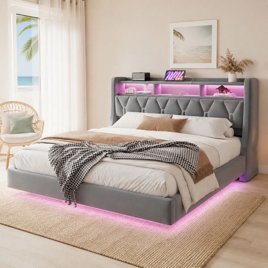 Letto matrimoniale imbottito 180x200 cm con testiera pieghevole; LED; prese USB e Type-C; velluto grigio