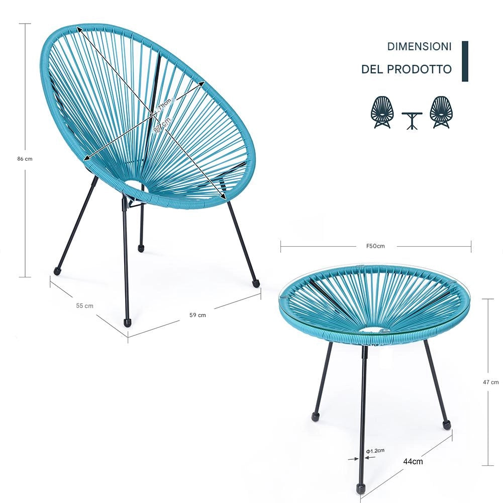 Set Patio in Polyrattan con 2Sedie Tavolino per Giardino Interno Esterno Moderno Azzurro