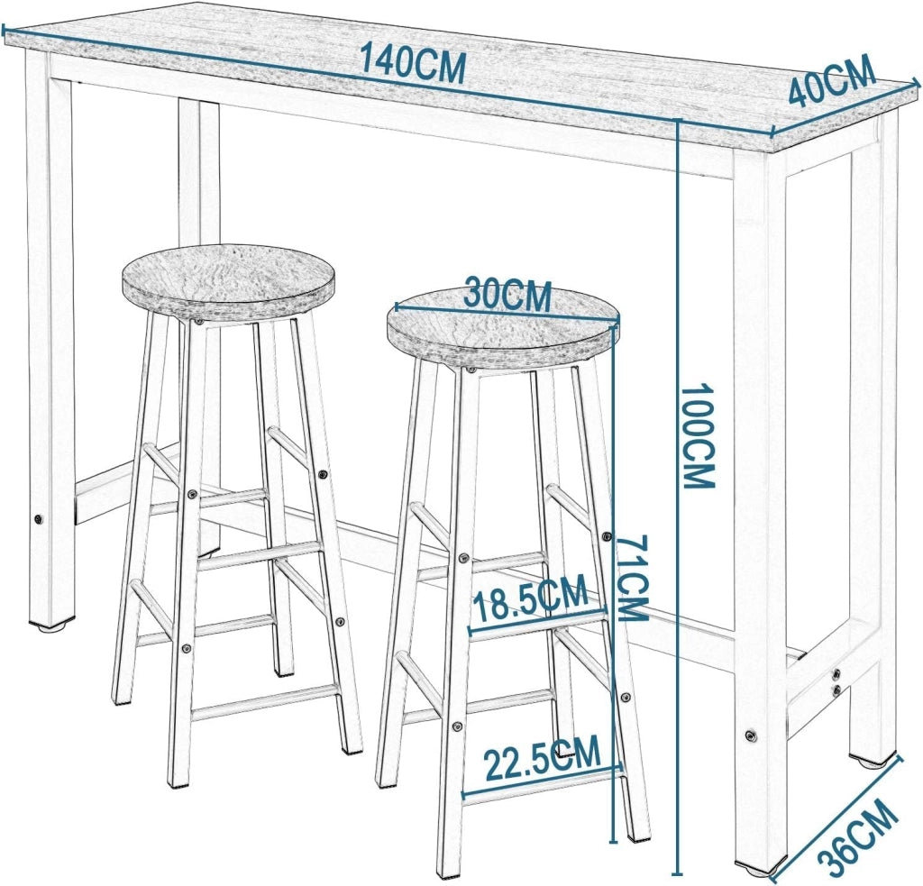 Tavolo Alto con 2 Sgabelli, Set Pranzo per Cucina, Sala da Pranzo, Isola da Cucina, Sgabelli Rotondi, Struttura in Metallo, Design Industriale, Bianco