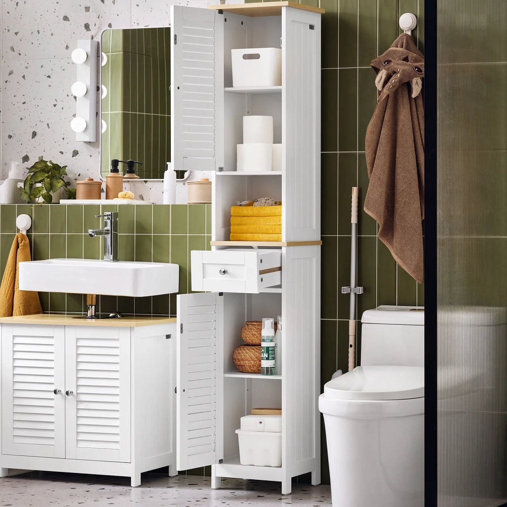 mobile a colonna bagno salvaspazio Bianco Con Cassetti Bianco-Naturale L32*A170*P30 cm, FRG236-WN
