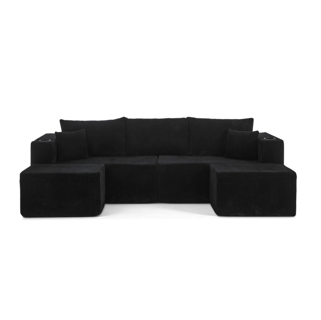 Divano angolare modulare 3 posti con 2 pouf mobili; portabicchieri e tasche; nero
