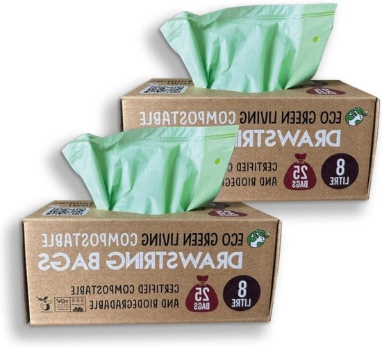 Borse di Rifiuti Compostabili con Corda per Trascinamento - Adatte per Cestini della Cucina, della Bagno e della Camera - 8 Litri 2 Pezzi