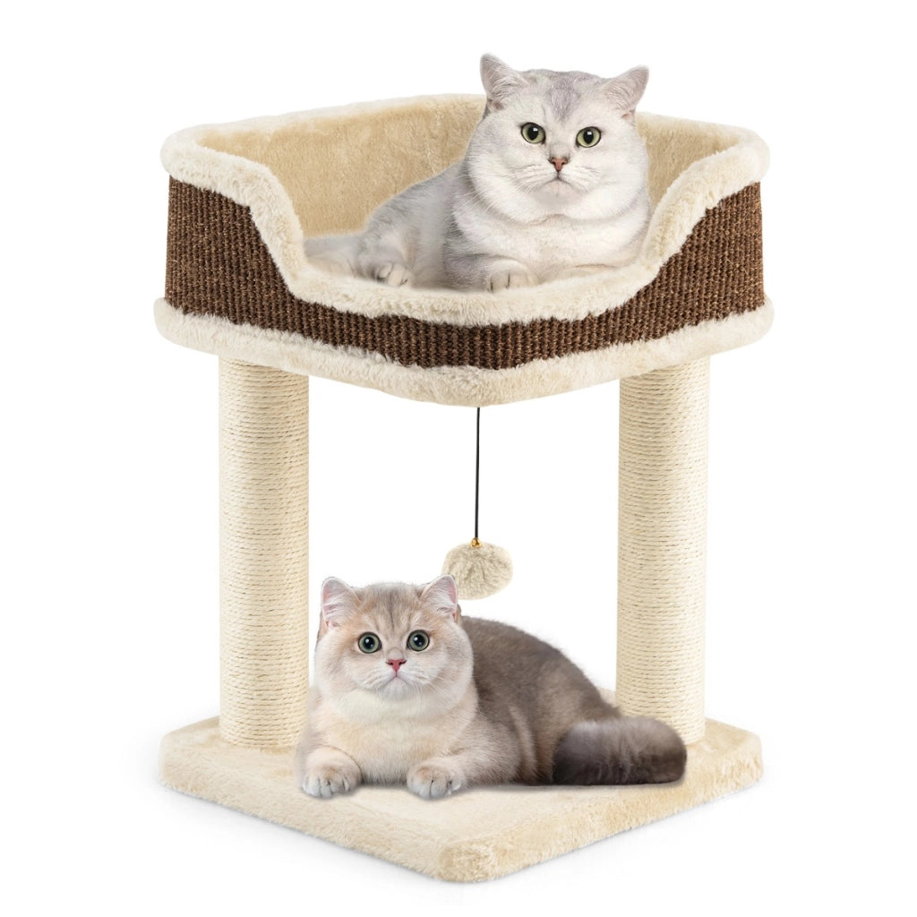 Albero per gatti da interno con palla pendente, Torretta per gatti con posatoio in peluche e pali graffianti in sisal Beige-Alberi Tiragraffi