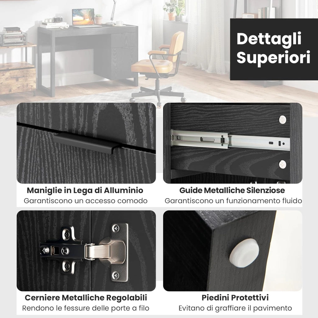 Scrivania Moderna per Computer, Postazione di Lavoro con Armadietto e Cassetto, Design Semplice ed Elegante, Scrivania con Superficie Liscia, Ideale per Casa e Ufficio (Nero)