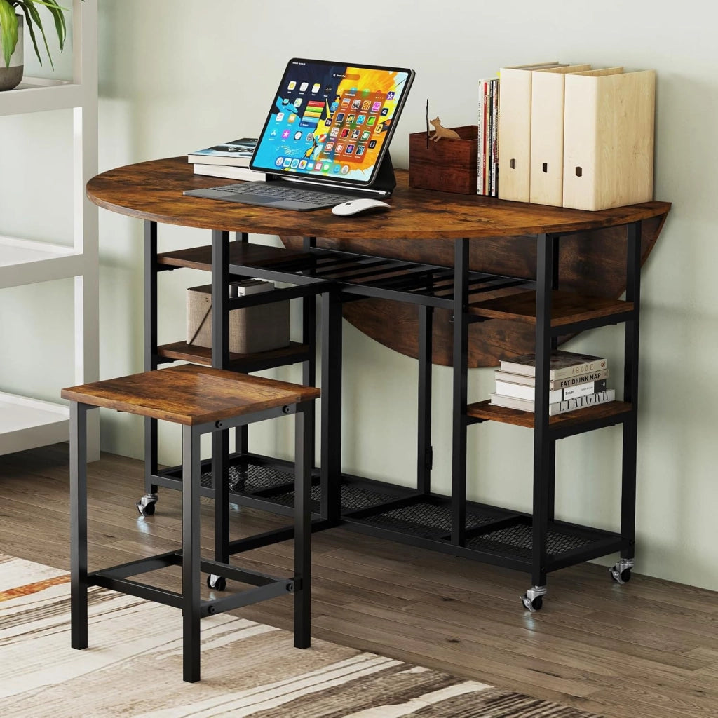 Set da Pranzo Pieghevole a 3 Pezzi, Tavolo da Cucina Rotondo con Ampio Piano e 2 Sgabelli, Scaffali e 6 Ruote Universali, Tavolo da Pranzo per Soggiorno, Sala da Pranzo e Cucina