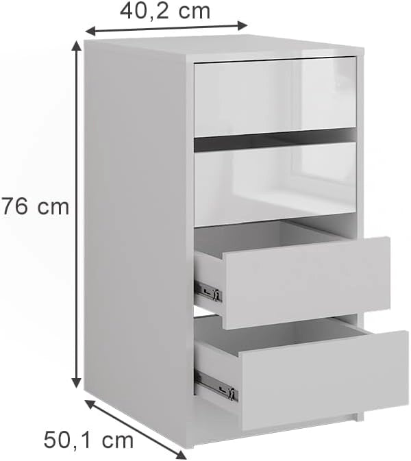 Cassettiera per camera da letto Sherry, Bianco/bianco lucido, 40.2 x 76 cm, adatto per la conservazione in soggiorno o in camera da letto