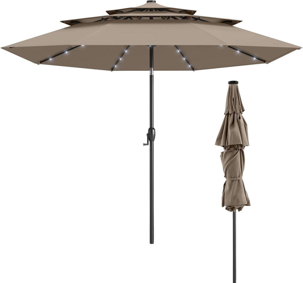 Ombrellone da Giardino con 32 Luci LED, Pannelli Solari e Manovella, Ombrellone Parasole da Patio 313cm Inclinabile con 8 Osse, per Balcone, Spiaggia, Piscina, Base Non Inclusa