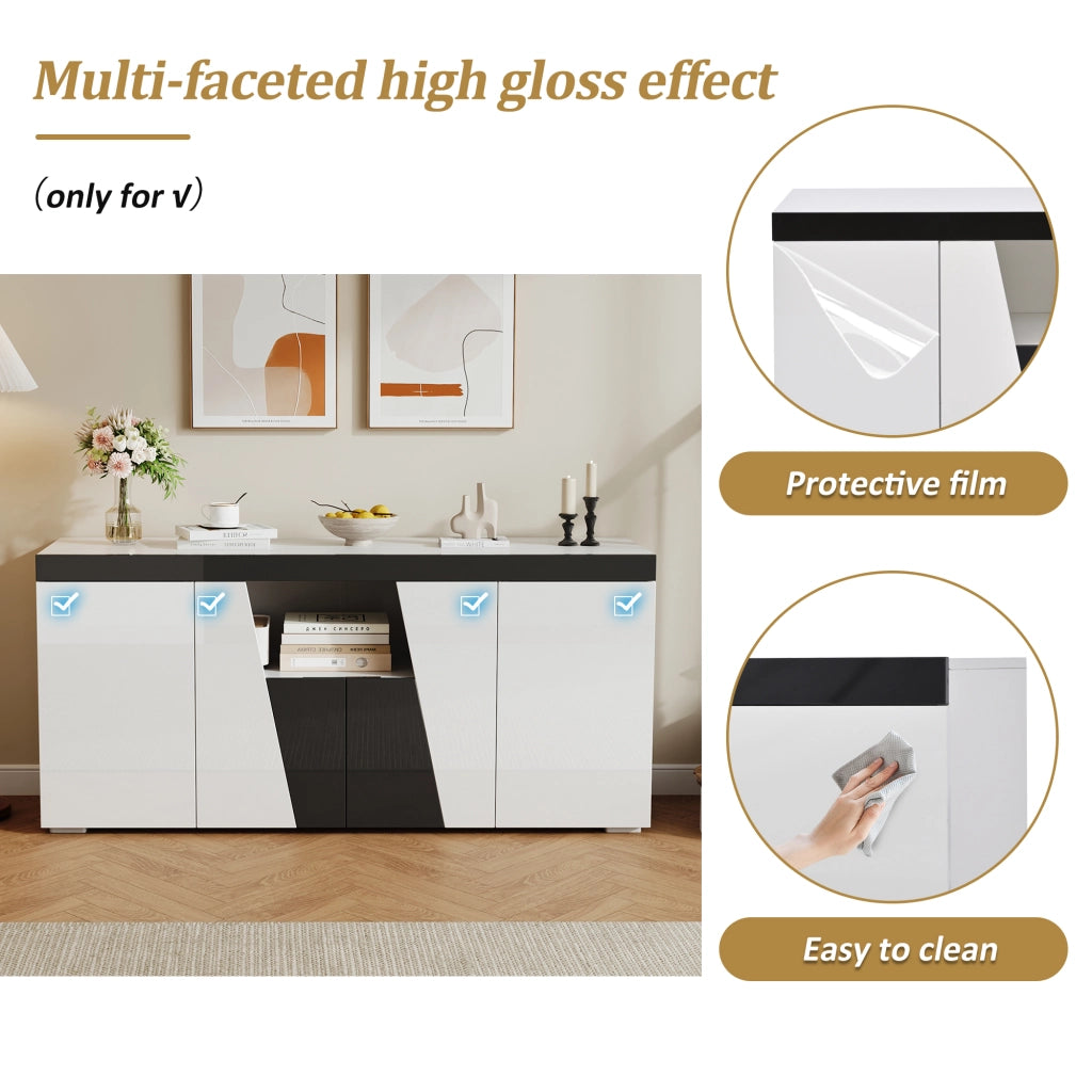 Credenza con 4 ante e ripiani regolabili, LED controllato da app, per soggiorno, bianco e nero, 140 × 40 × 65 cm