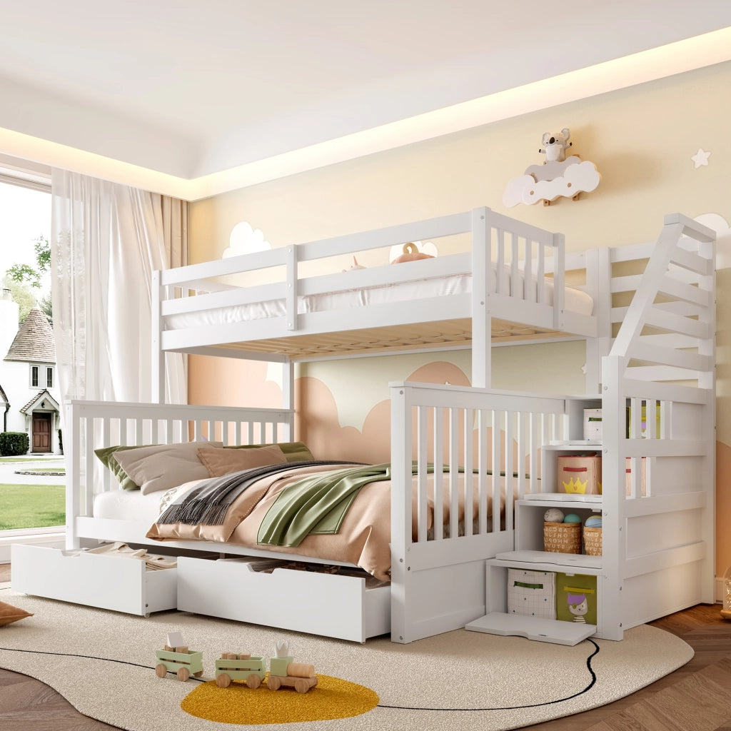 DESMIU Letto a castello 2 posti con 4 cassetti, scala laterale e sponde, 90 × 200 e 140 × 200 cm, senza materasso