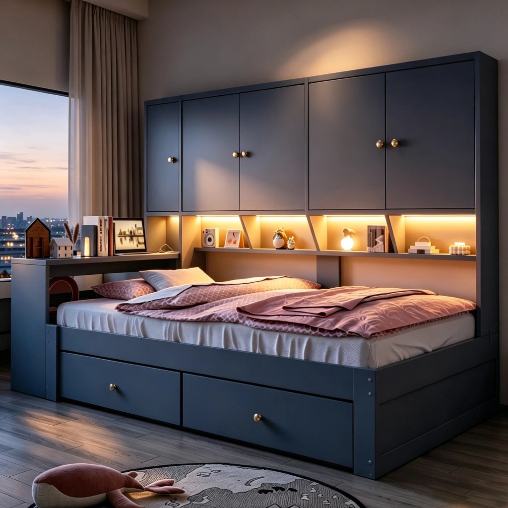 Letto per bambini 90x200 cm con scrivania; LED e prese; 2 cassetti e vani contenitore; MDF grigio