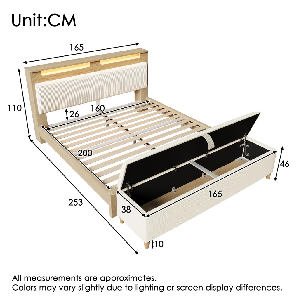 Letto matrimoniale 160x200 cm in legno con testiera LED, vano portaoggetti e panca contenitore beige