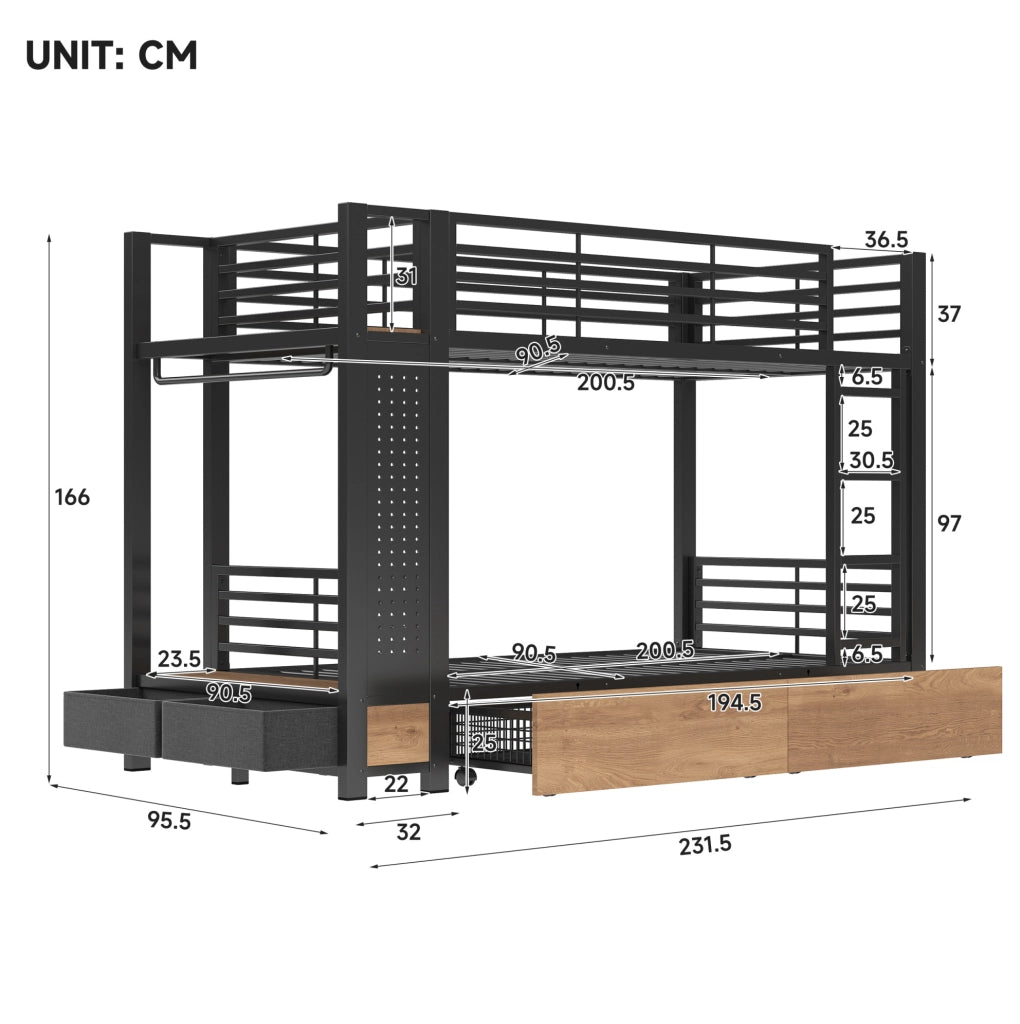 Letto a castello 90x200 cm in metallo e MDF; nero; con 2 cassetti e luce LED