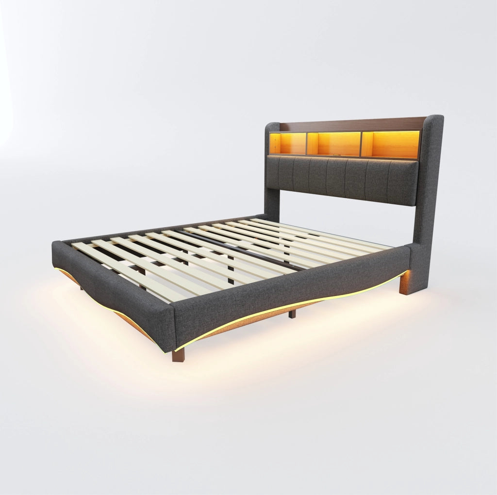 Letto imbottito sospeso 140x200 con LED, USB, Type-C e vano testiera