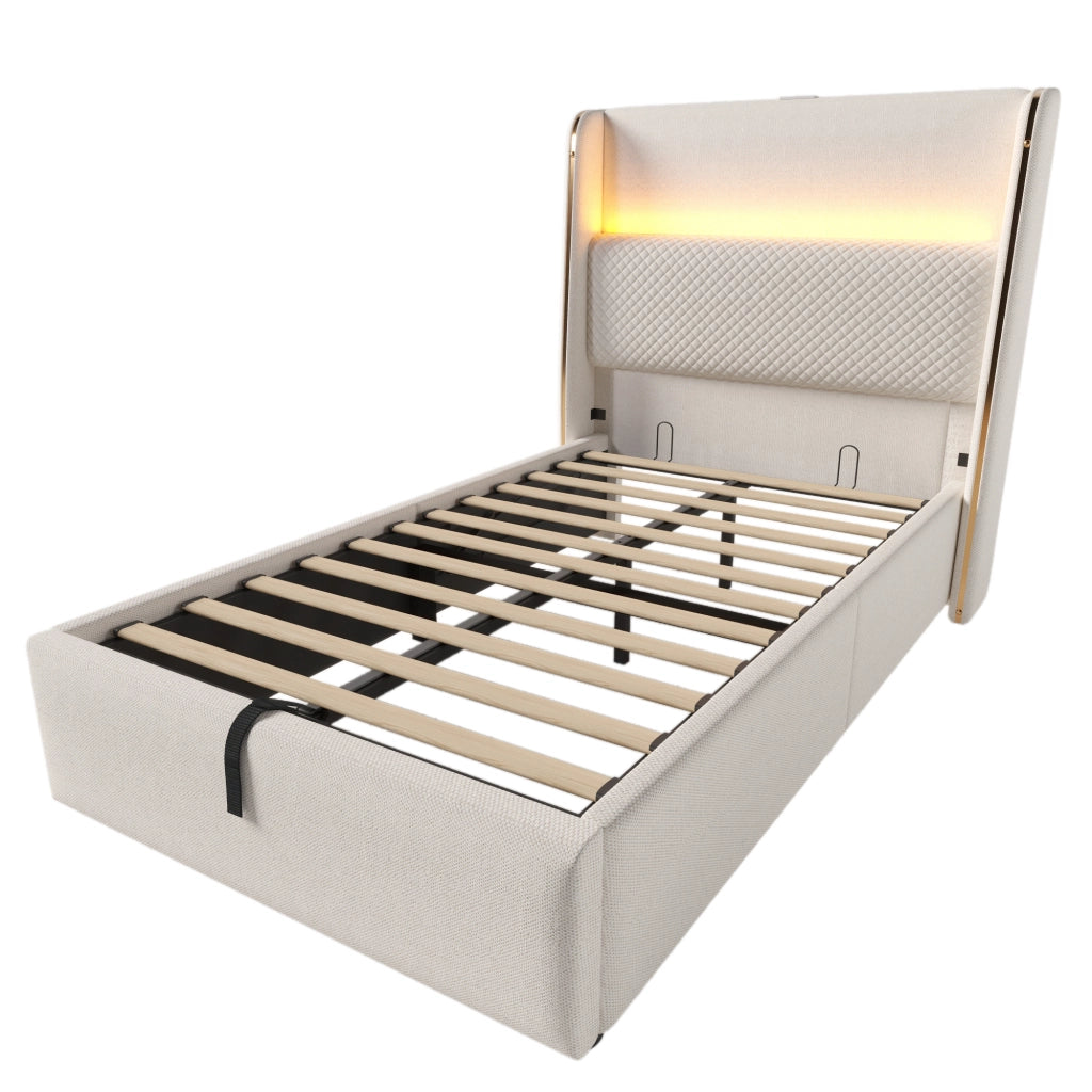 Letto singolo idraulico 90x200 cm con testiera alta, LED, USB/Type-C e contenitore, beige