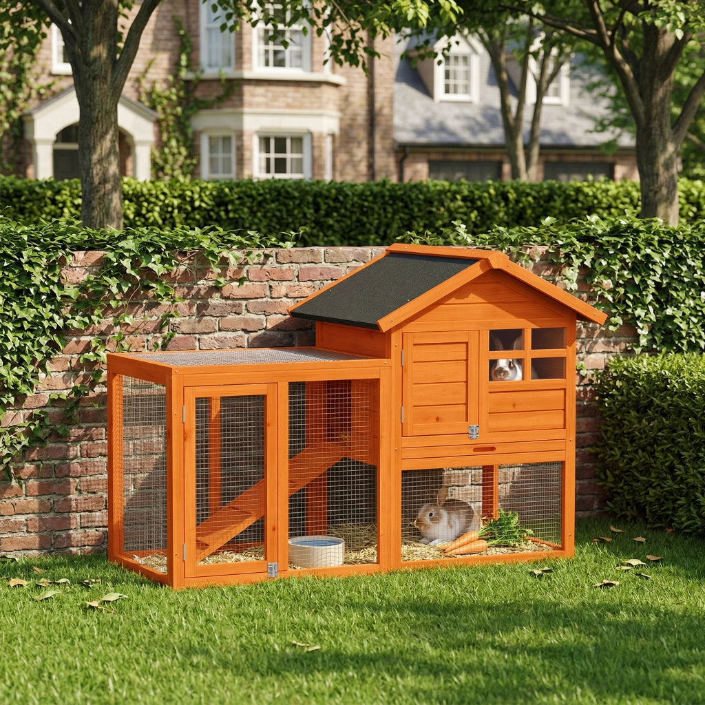 Gabbia per conigli 2 piani con recinto e tetto impermeabile ¨C zephmum ¨C 123.5x62.6x92.5 cm arancione