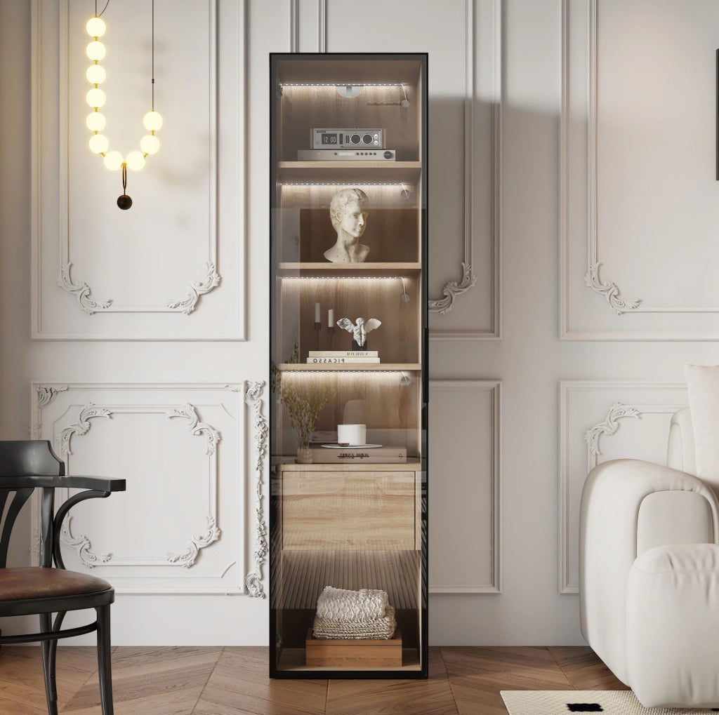 Mobile bagno compatto in MDF colore naturale con anta in vetro temperato
