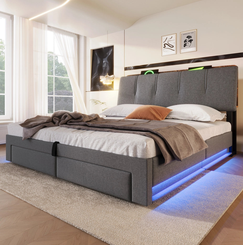Letto imbottito 140x200 cm con contenitore, LED e USB-C grigio