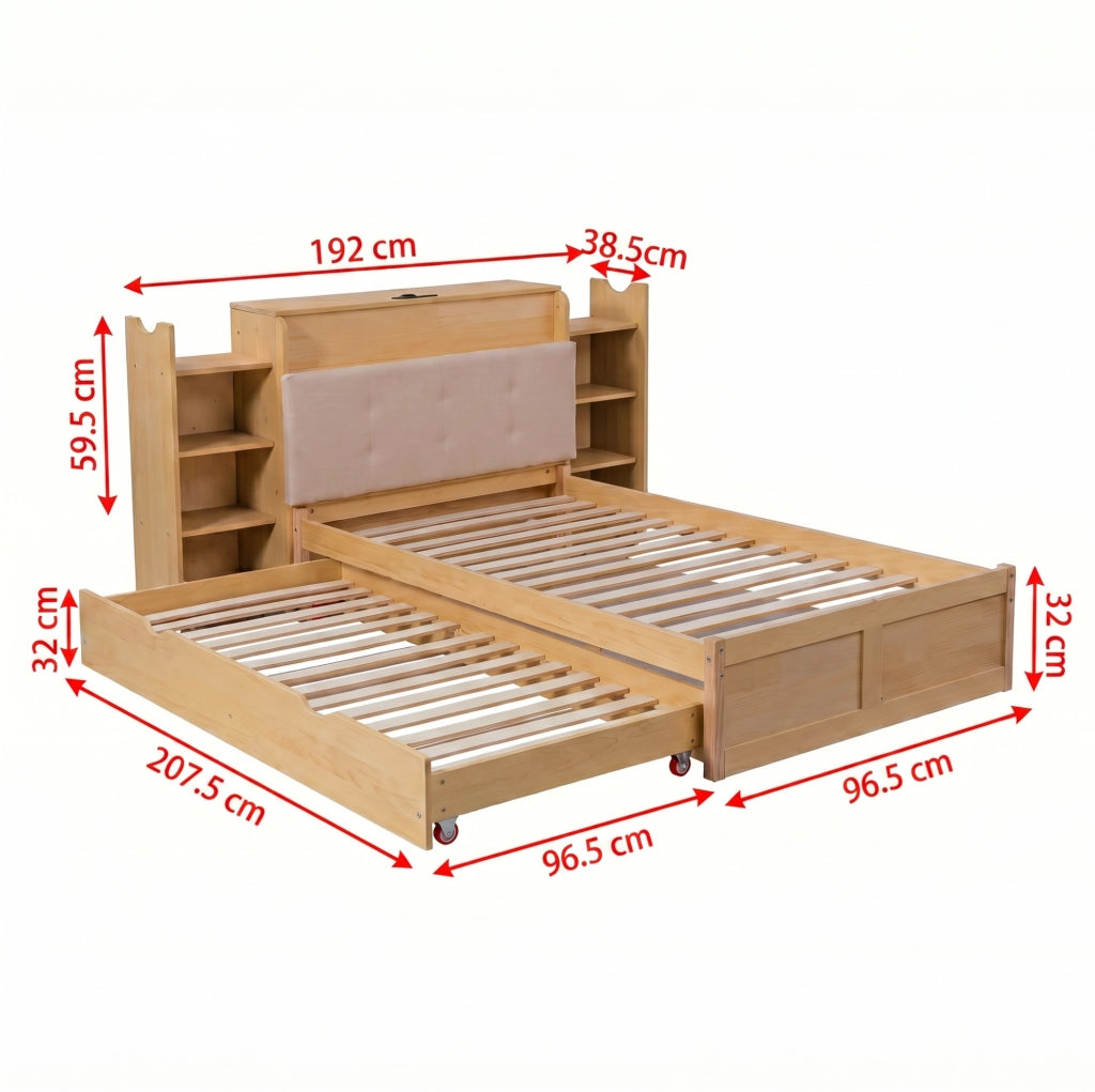 Letto multifunzionale 90x200 cm con letto estraibile; presa EU e USB; legno ingegnerizzato naturale e beige