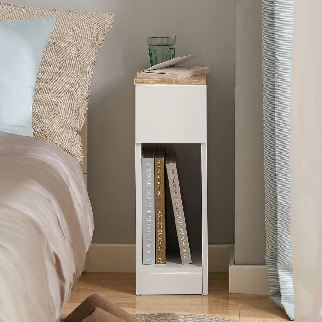 Comodino Sottile comodino per camera da letto con cassetto e ripiano comodini per camera da letto e soggiorno Tavolino divano Bianco L20 x P35 x A60 cm FBT111-WN