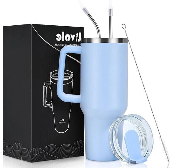 Ottimo contenitore di viaggio in acciaio inossidabile 1200 ml con manico - becher isolante per uso esterno - lattina di acqua per campeggio - colore azzurro chiaro