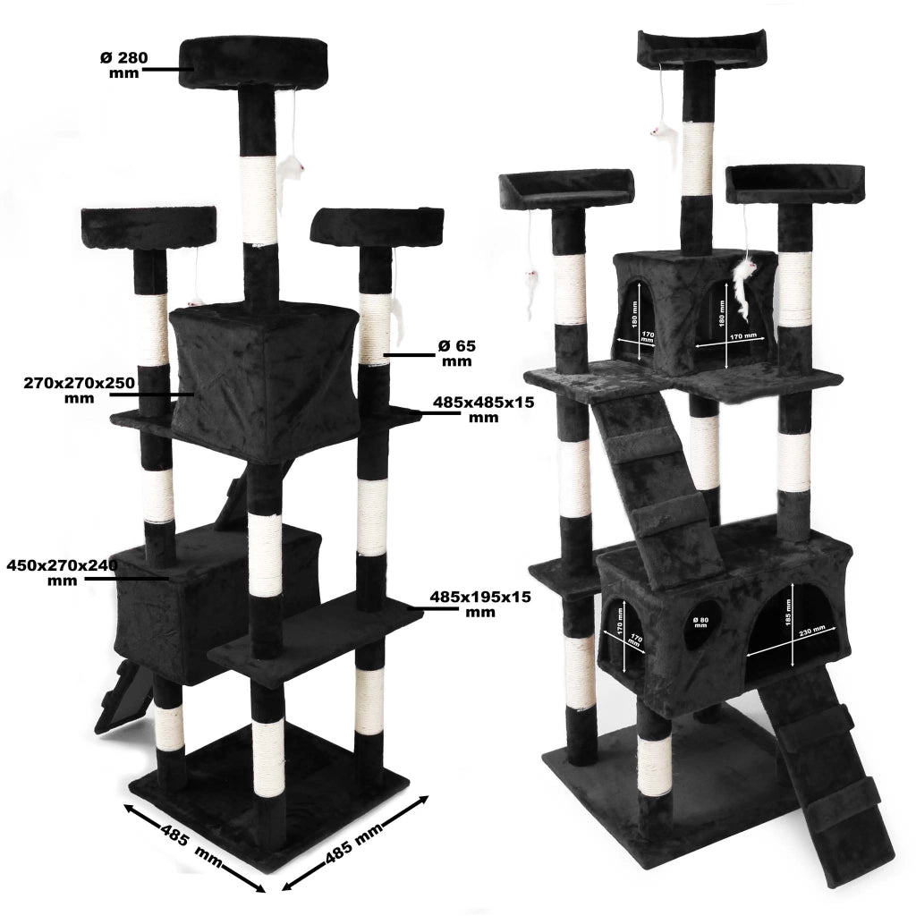 Albero tiragraffi nero 170 cm con piattaforme, cuccette e scale