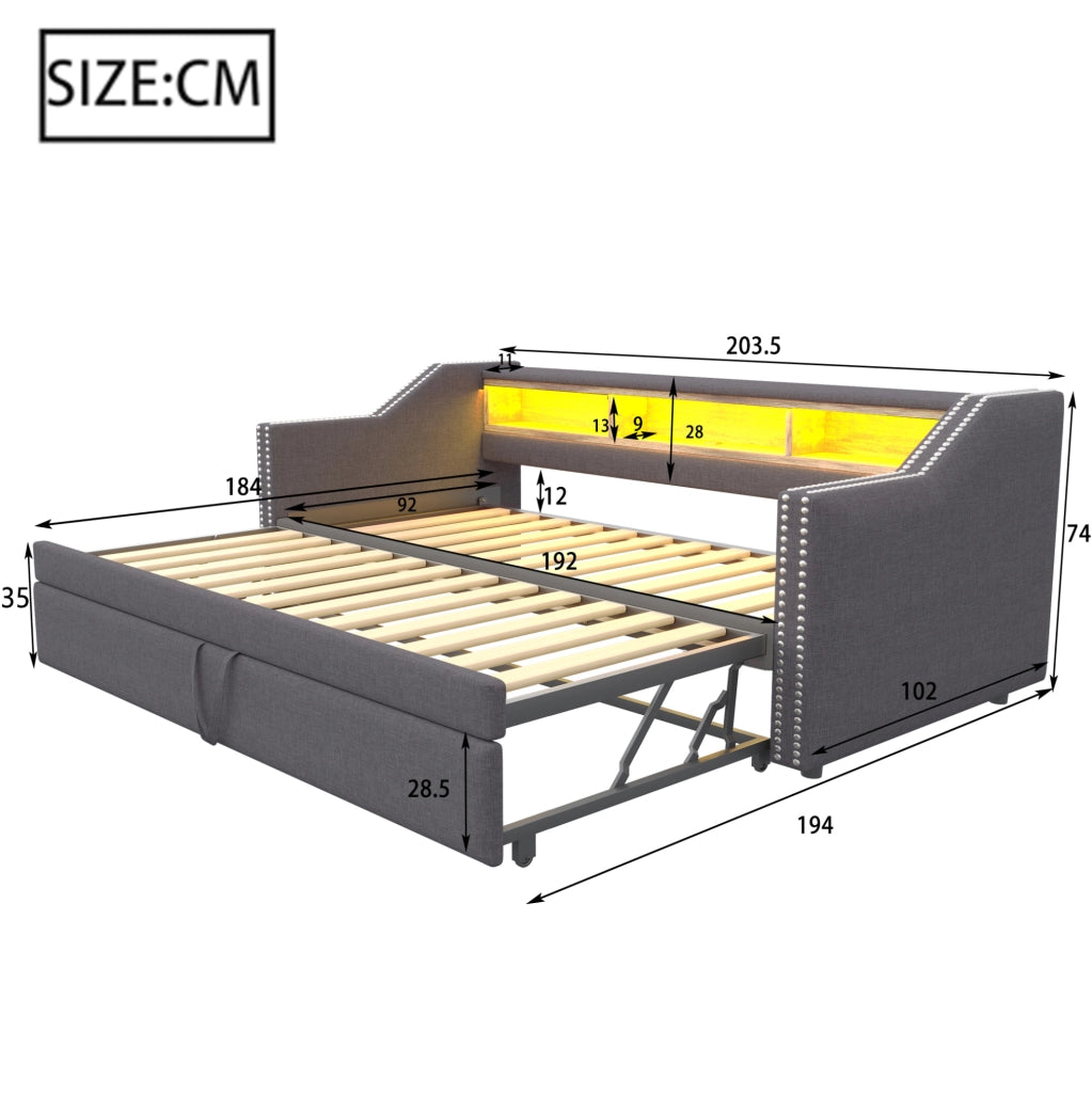 Divano letto imbottito estraibile 90/180 x 190 cm in tessuto tipo lino; grigio scuro; con LED e USB