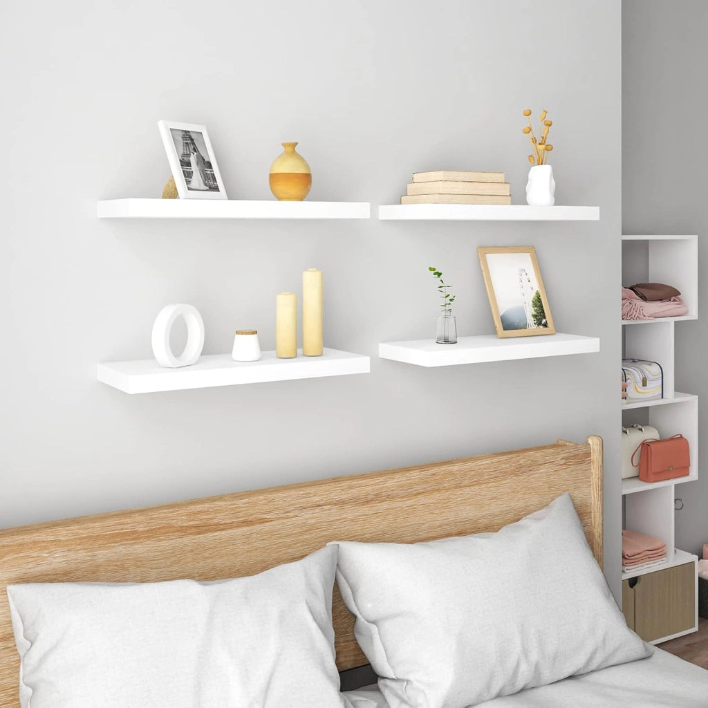 Mensola da Parete, Mensola da Muro, Mensola in Legno MDF, Bianca, set di 4, per Cucina, Bagno, Soggiorno, RG9316ws-4