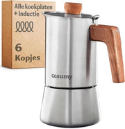 Macchina per espresso per 6 tazze in acciaio inossidabile e legno di quercia - Adatta per induzione e gas