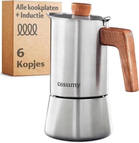 Macchina per espresso per 6 tazze in acciaio inossidabile e legno di quercia - Adatta per induzione e gas
