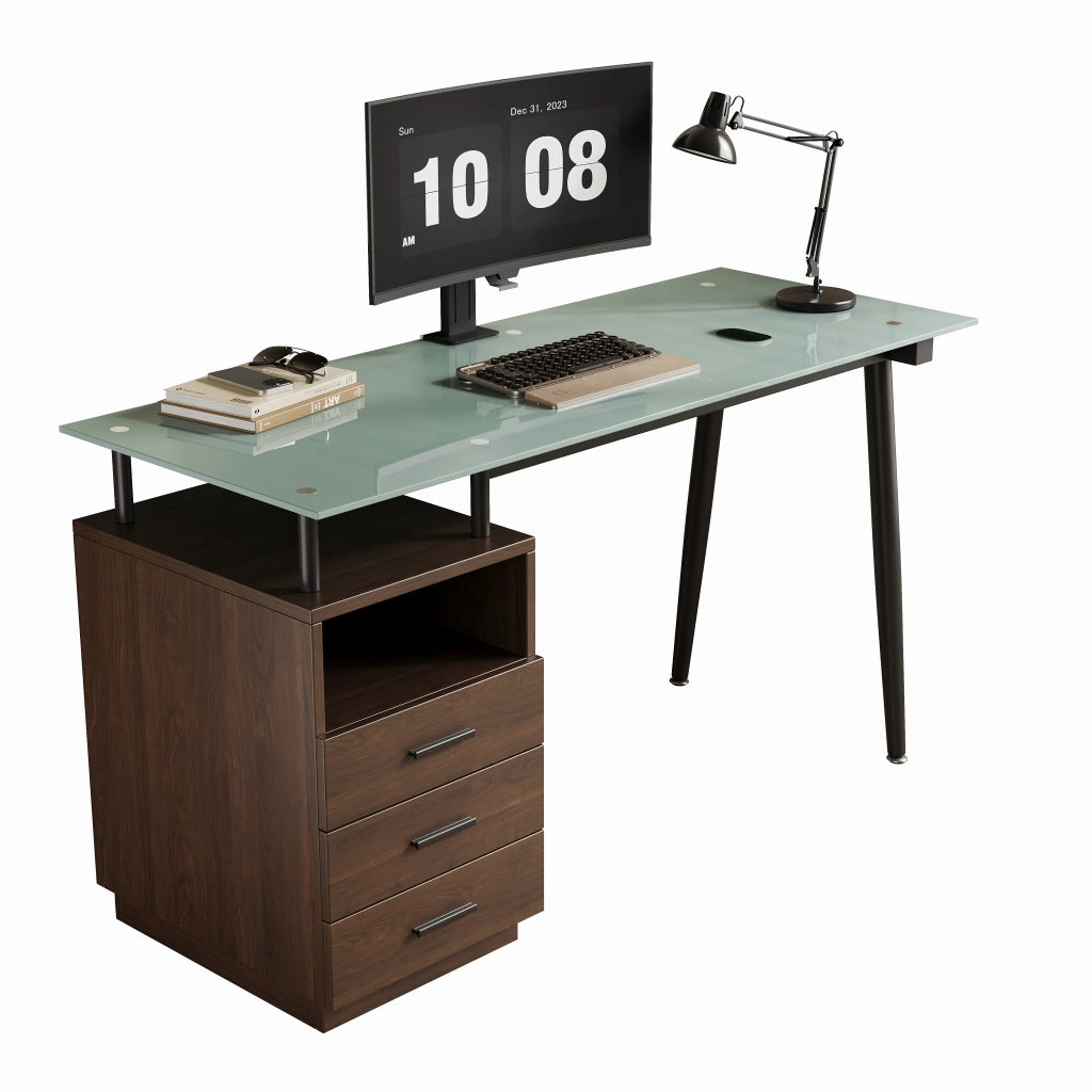 Scrivania moderna 130x50x75 cm con piano in vetro temperato, 3 cassetti e vano aperto, marrone